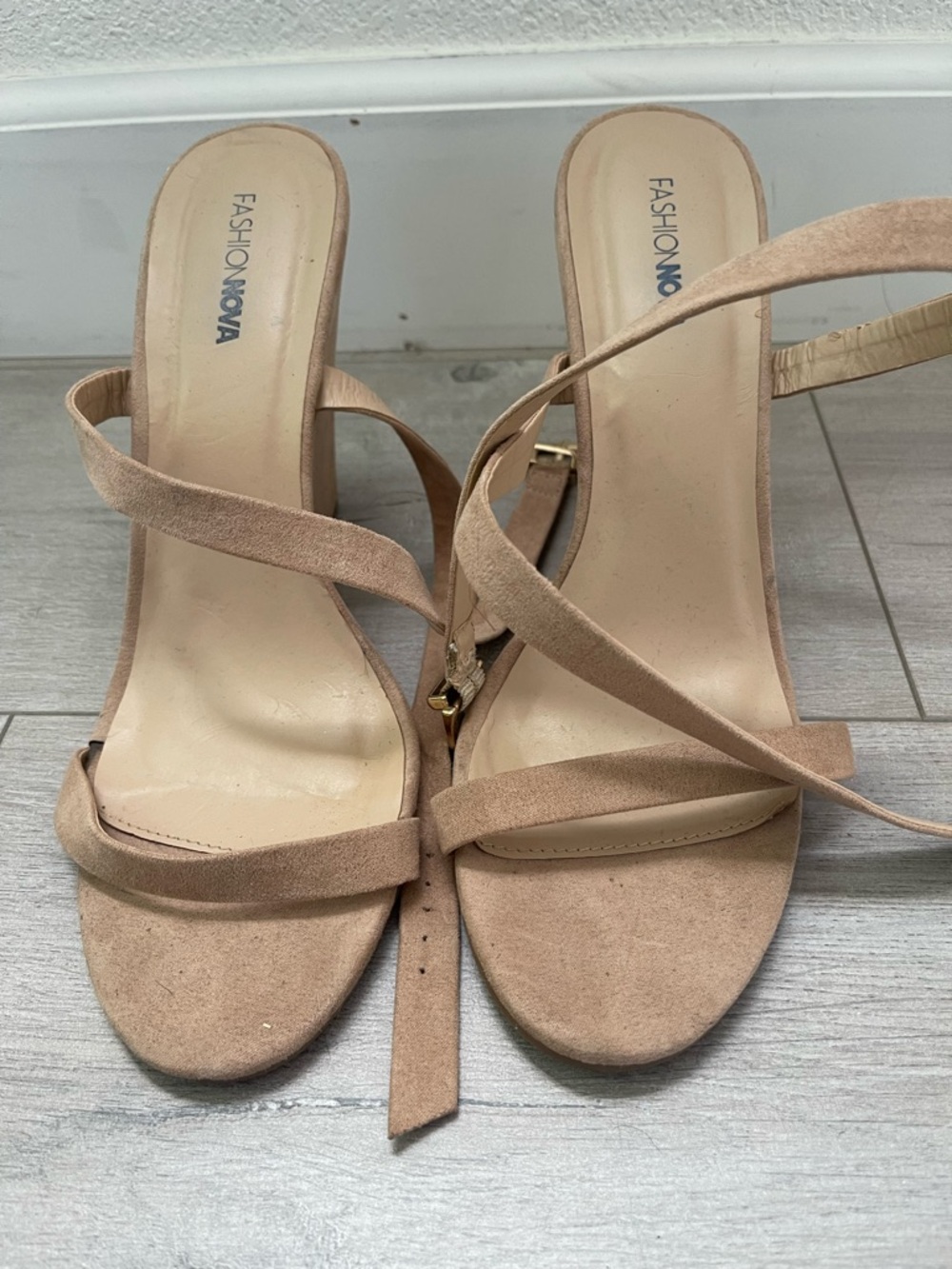 Fashion Nova Beige Suede Strappy Heeled Sandals